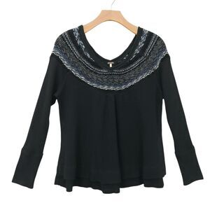 Free People Sweater Womens Small Black Soft V-Neck Swingy Waffle Knit Bohemian